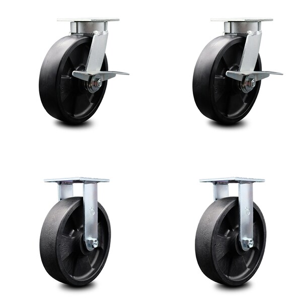 8 Inch Kingpinless Glass Filled Nylon Wheel Caster Brakes 2 Rigid SCC, 2PK